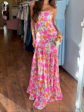 Floral Strapless Pink & Orange Maxi Dress